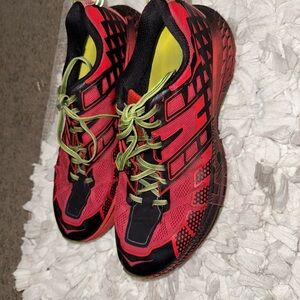 Hoka Red and Black Athletic Shoes with Green Laces